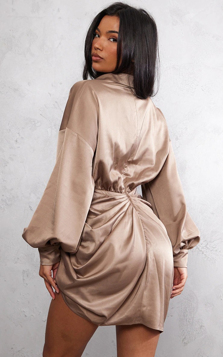 Taupe Satin Drape Skirt Oversized Sleeve Shirt Dress