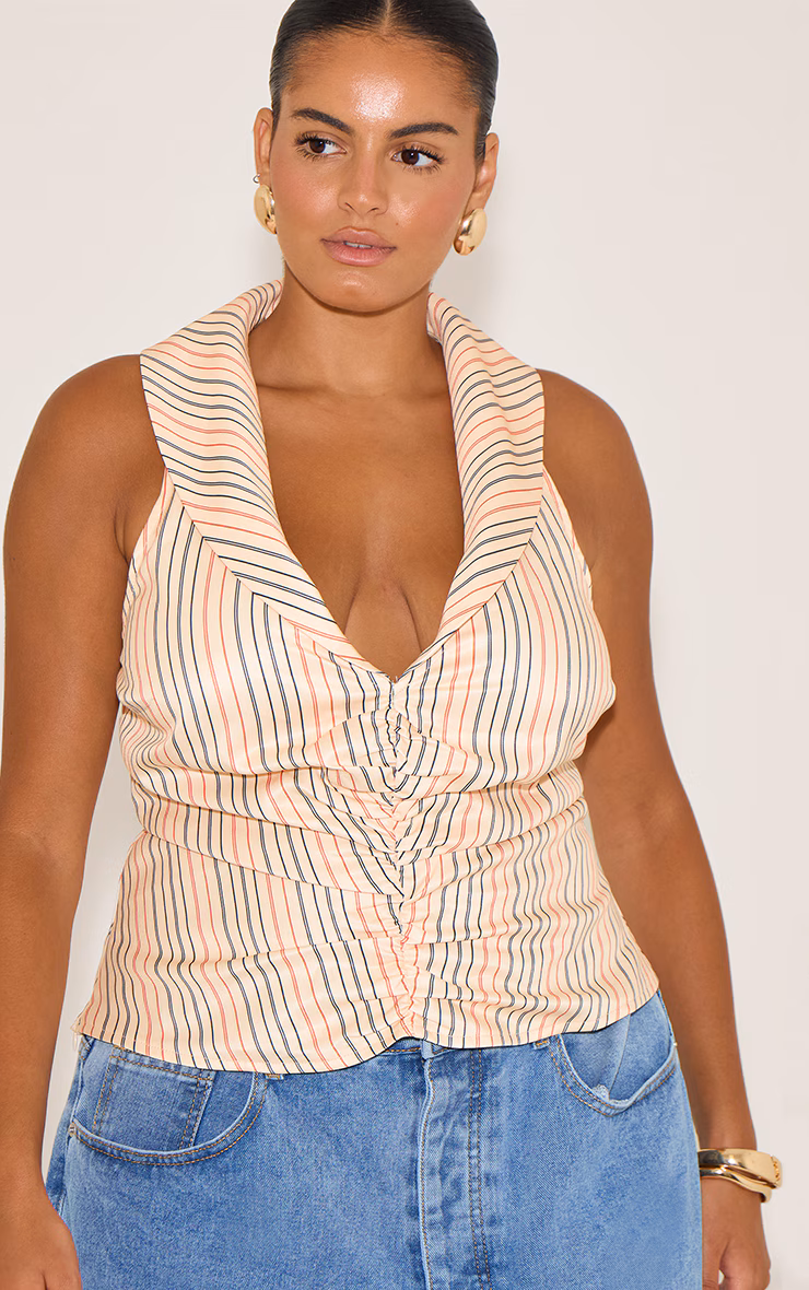 Plus Beige Stripe Ruched Plunge Sleeveless Top