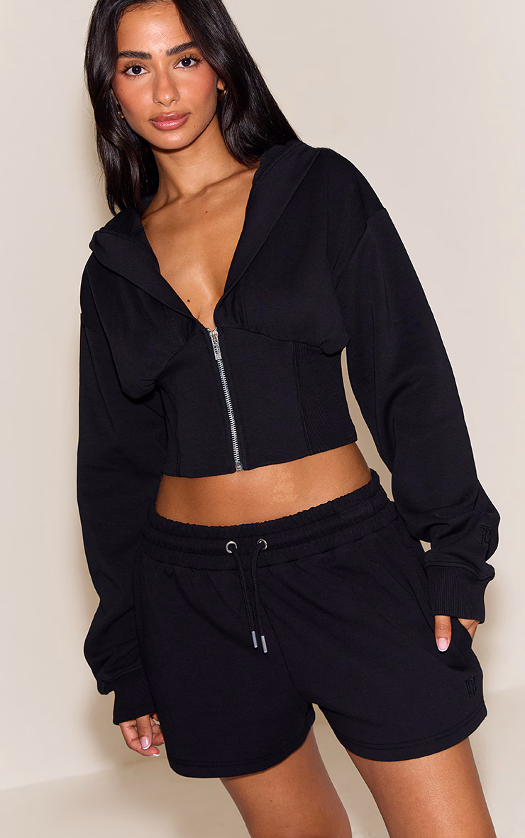 Petite Black Embroidered Interlock Cinch Waist Zip Hoodie