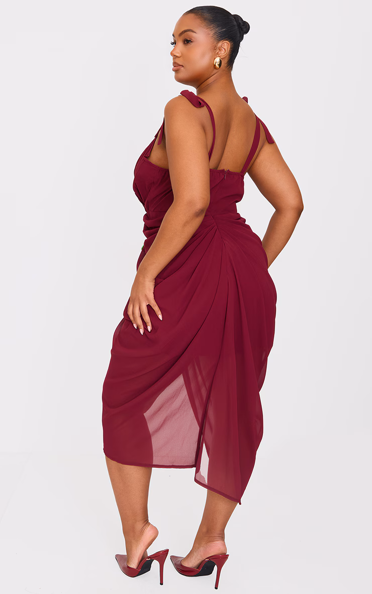 Plus Burgundy Underwire Detail Draped Midi Dress