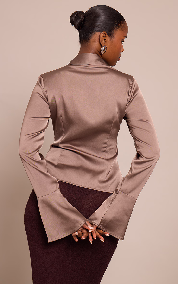 Mushroom Satin Flared Sleeve Fitted Shirt