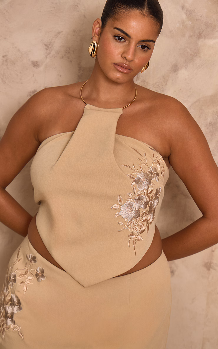 PLT Label Plus Stone Woven Embroidered Pleat Detail Gold Trim Top