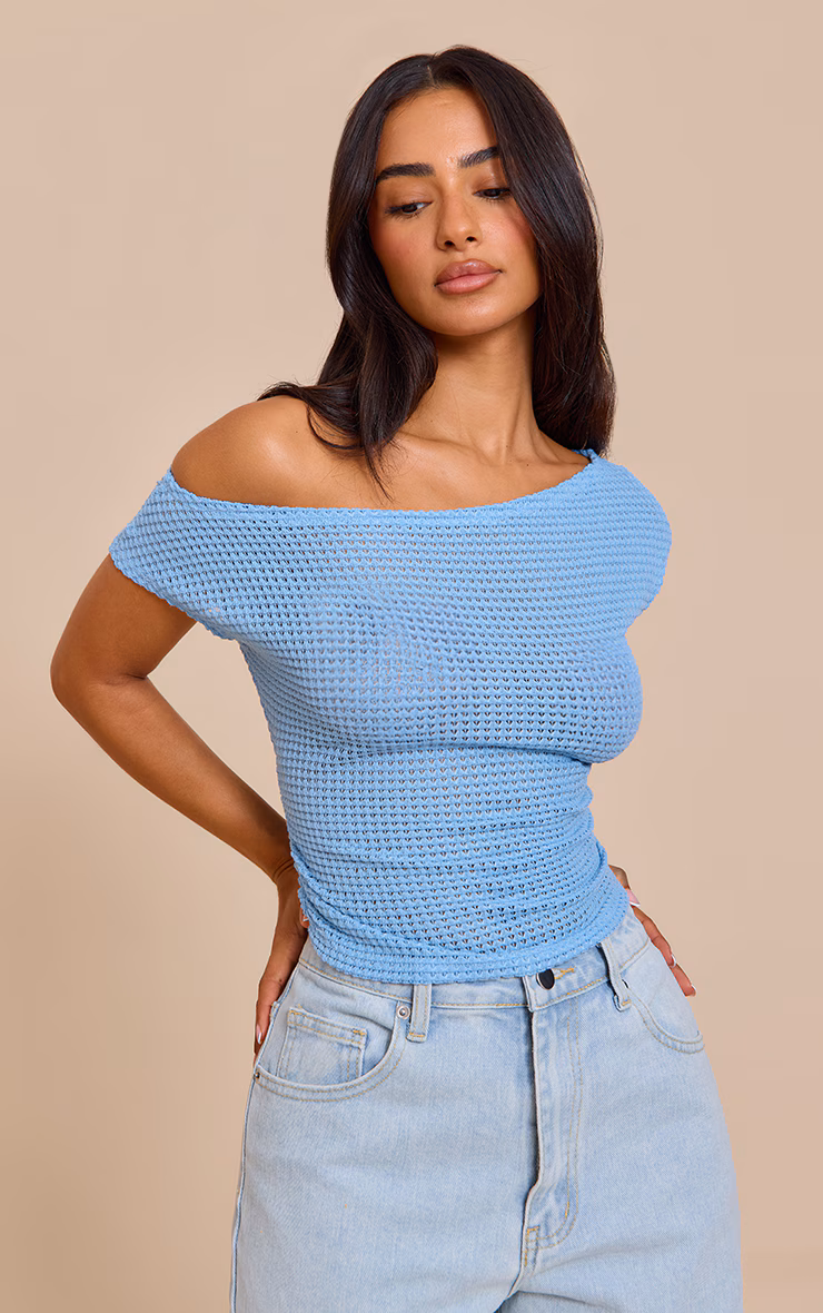 Petite Light Blue Textured One Shoulder Top