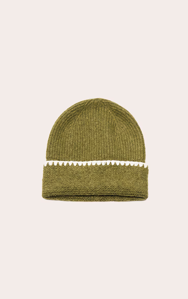 Olive Knit Contrast Beanie