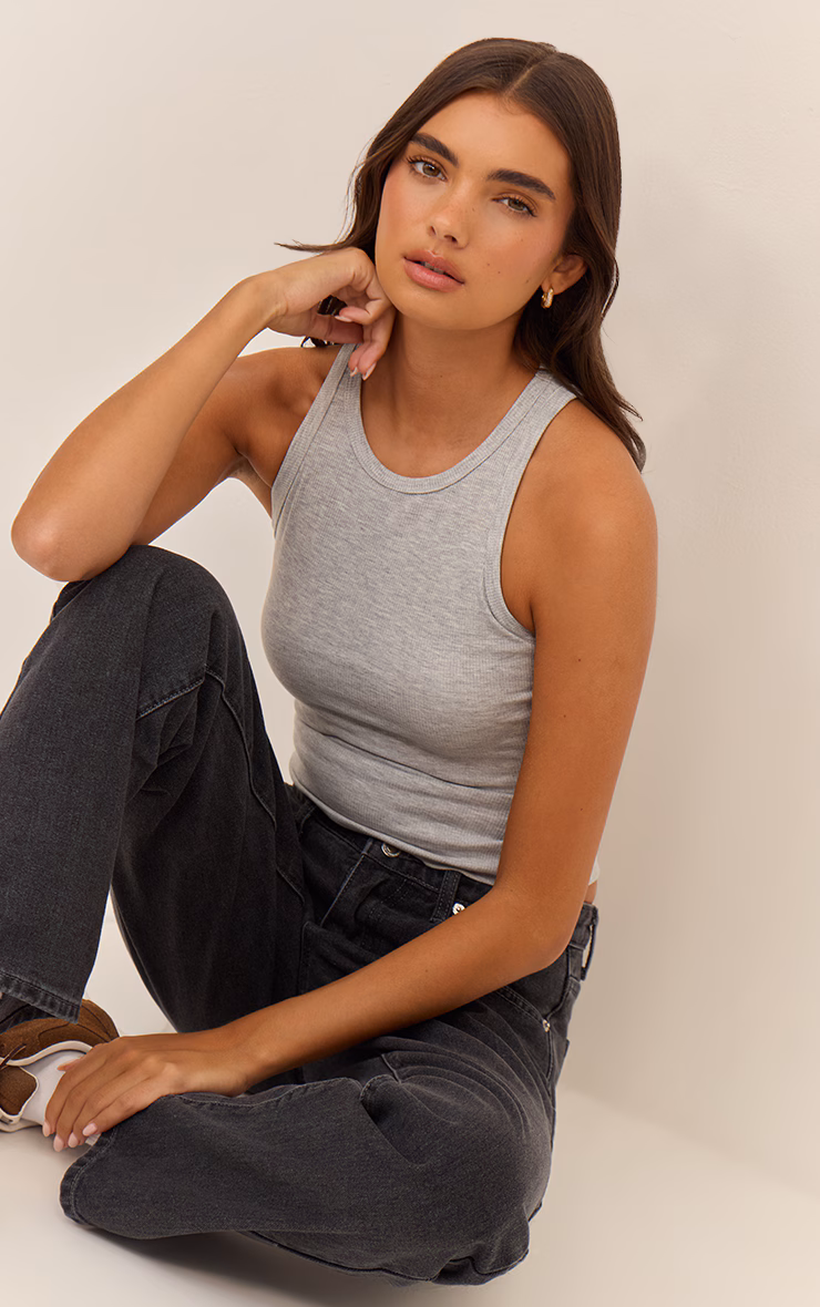 Grey Soft Rib Racer Neck Vest Top