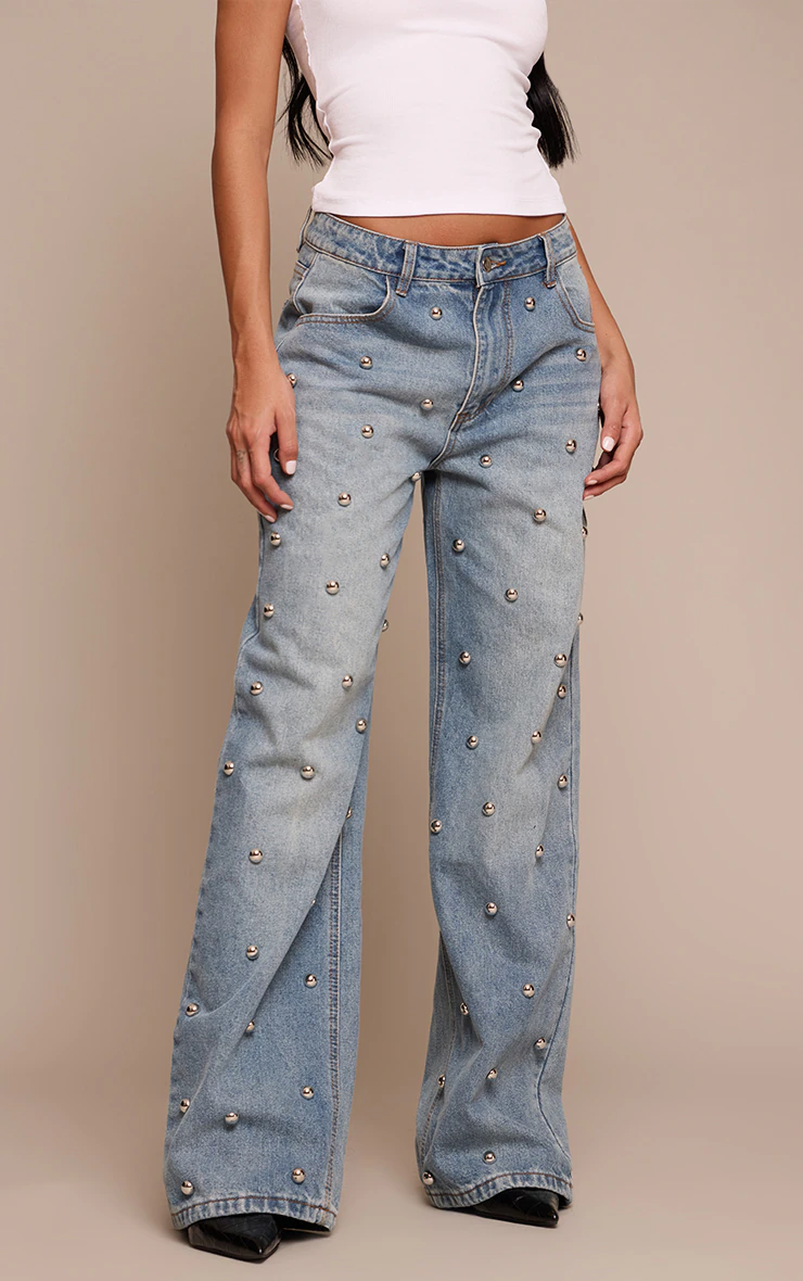 Mid Blue Dome Stud High Waisted Denim Jeans