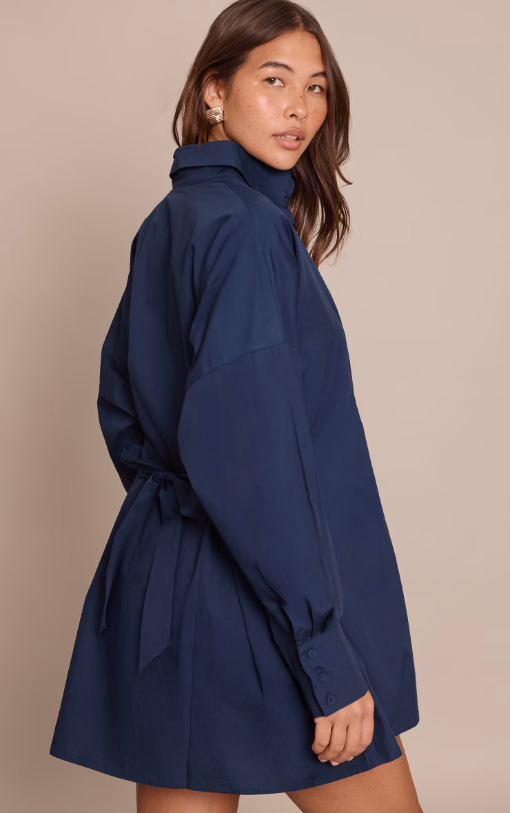Navy Tie Back Detail Long Sleeve Shirt Dress