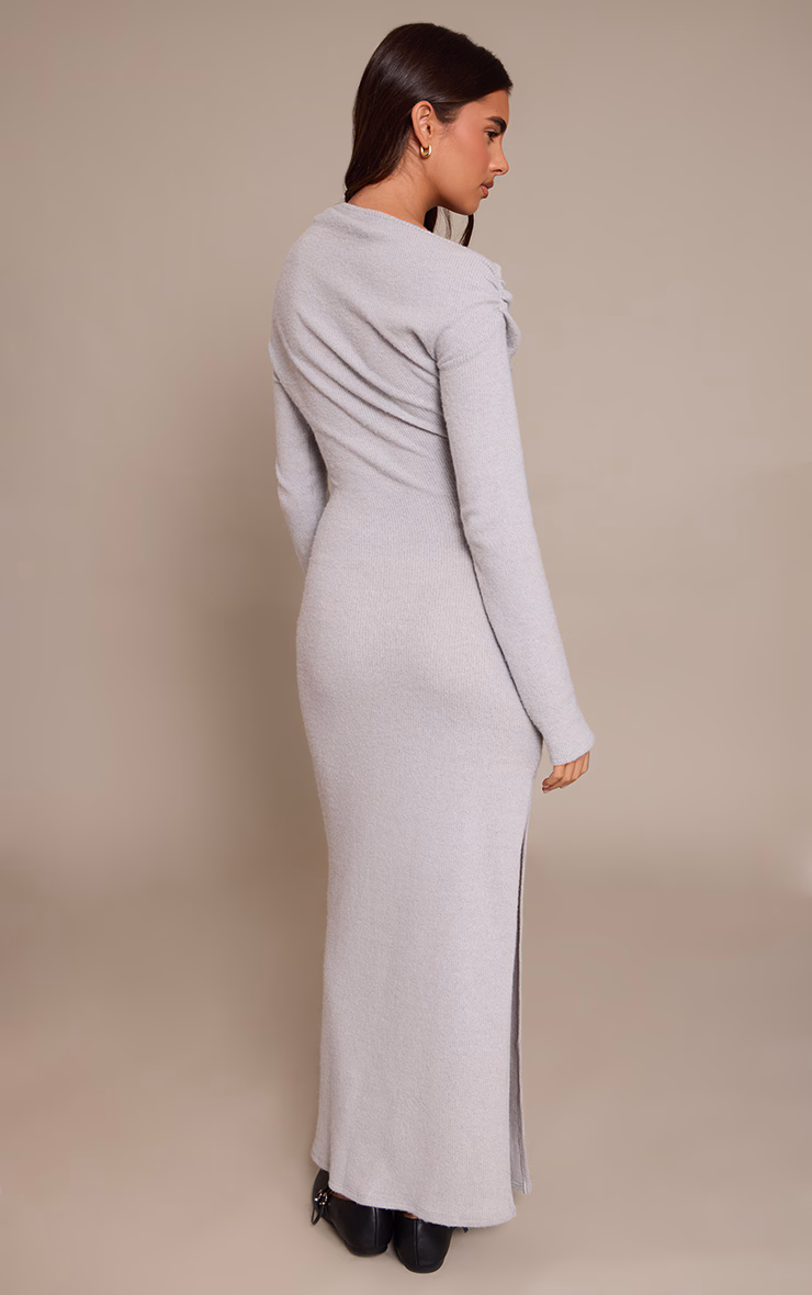 Light Grey Brushed Rib Long Sleeve Ruched Maxi Dress