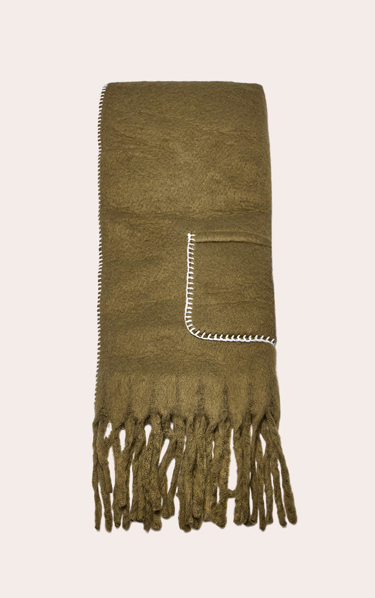 Olive Knit Contrast Pocketed Scarf