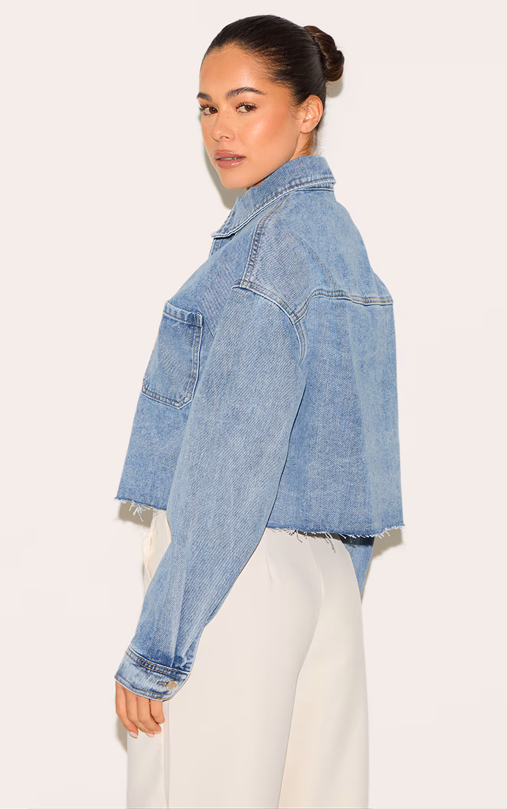 Mid Blue Wash Raw Hem Cropped Denim Shirt