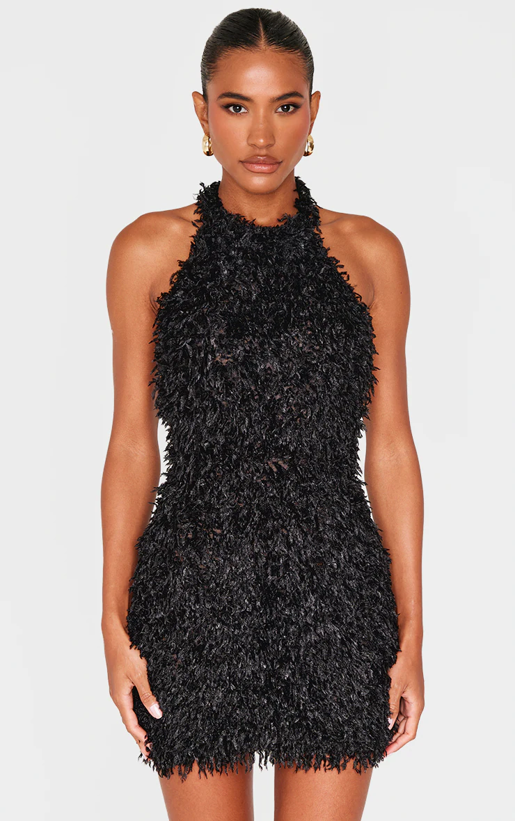 Black Faux Feather Halterneck Mini Dress