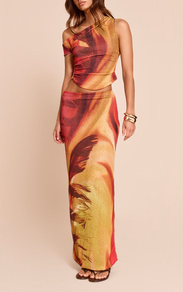 Multi Feather Print Onion Skin Low Rise Maxi Skirt