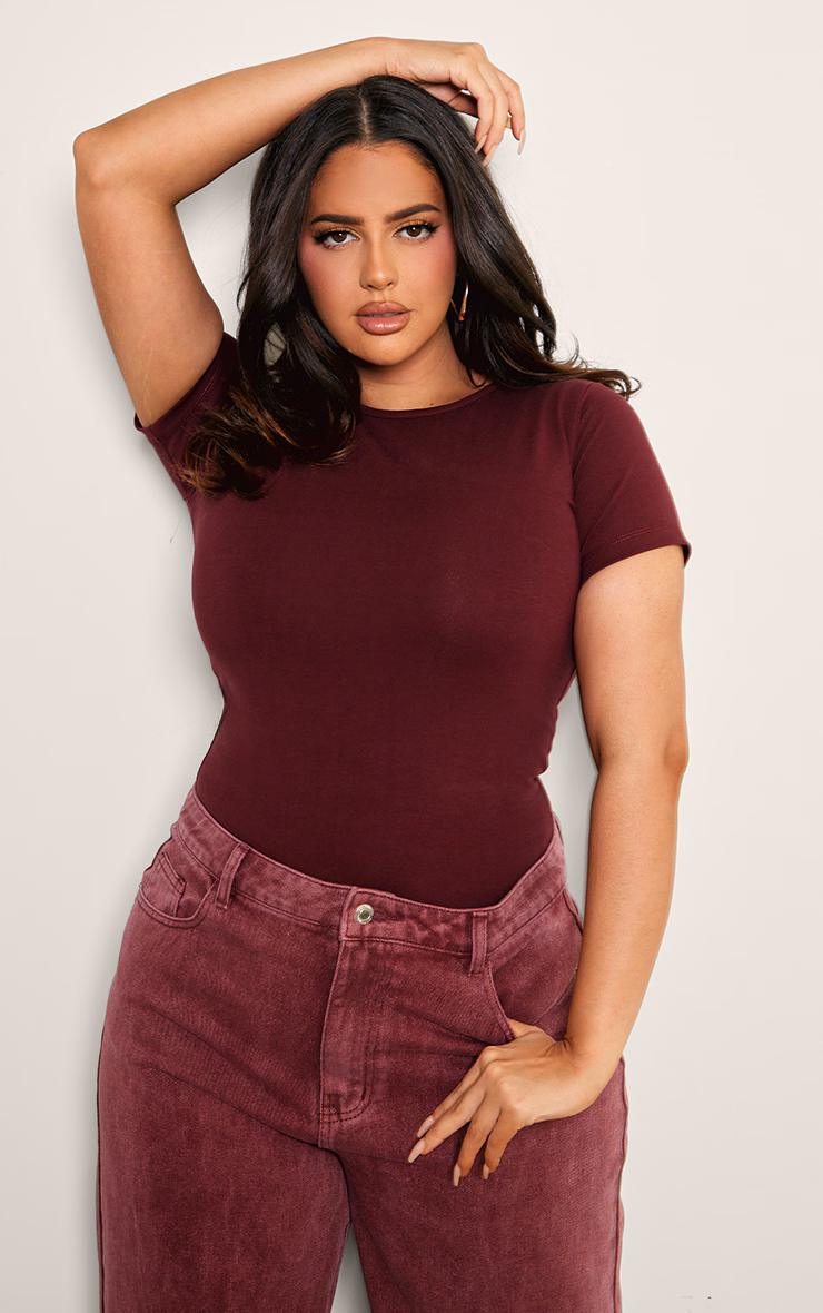 Plus Burgundy Premium Cotton Cap Sleeve Fitted Bodysuit