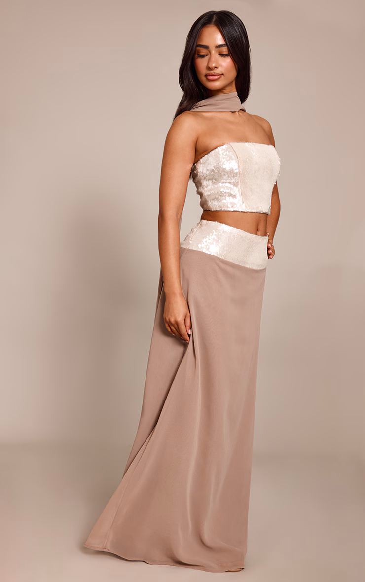 Petite Champagne Sequin Waistband Maxi Skirt