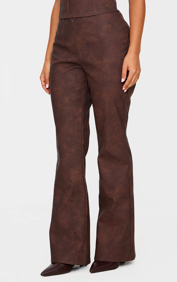 Petite Chocolate Faux Leather Zip Front Flared Pants
