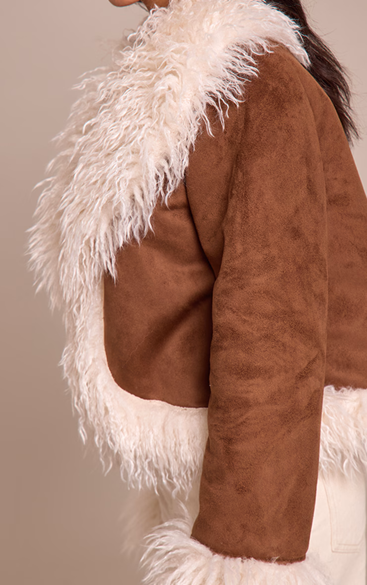 Petite Brown Faux Suede Fur Trim Afghan Coat