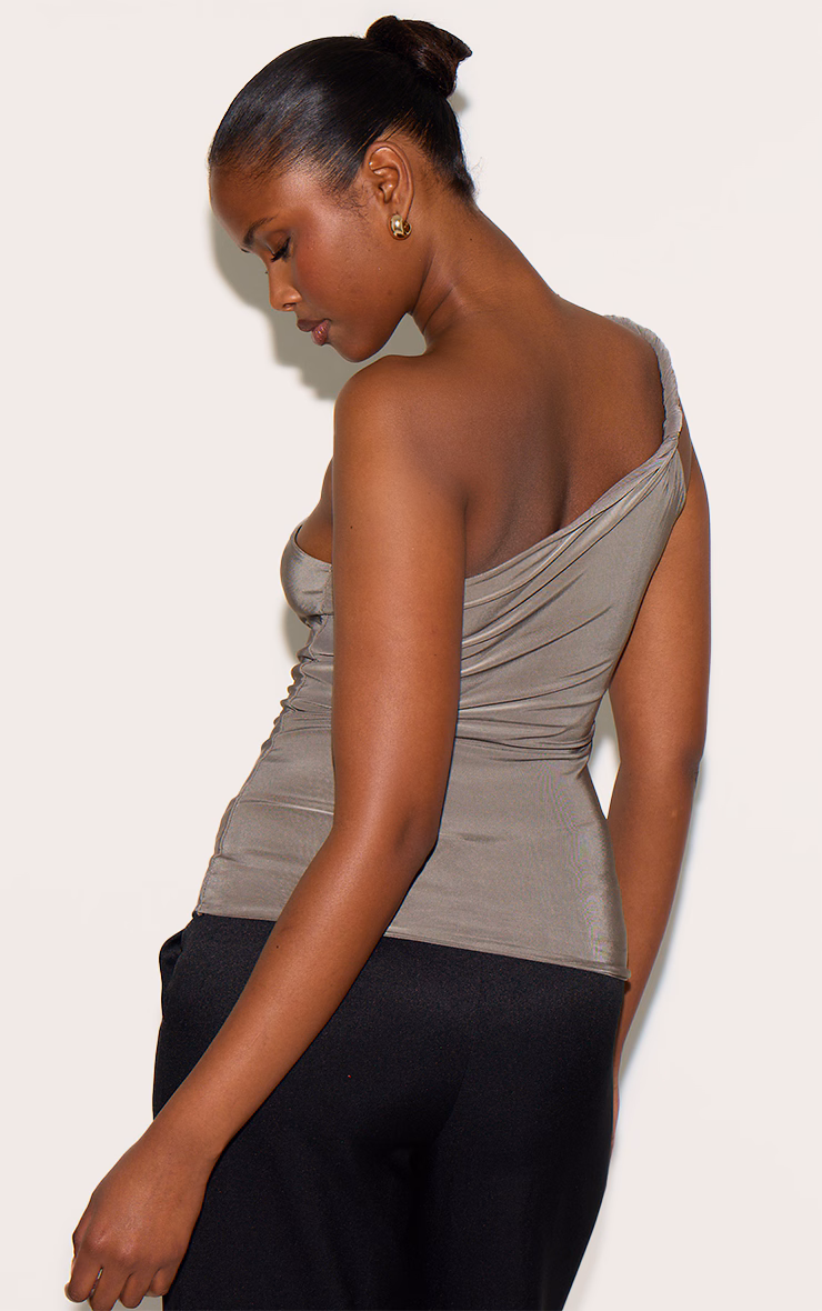 Mushroom Double Layer Slinky Twist Detail One Shoulder Long Top