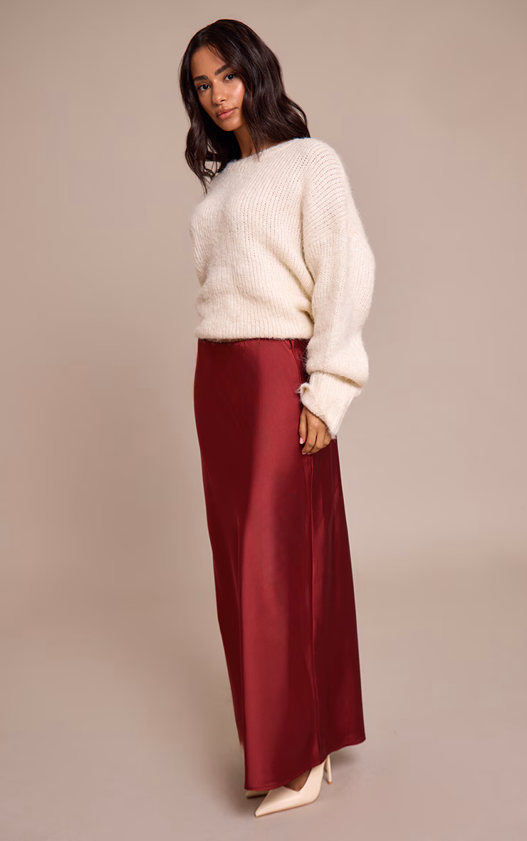 Petite Burgundy Satin Flowy Maxi Skirt