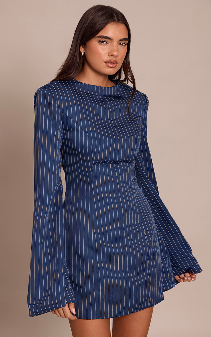 Navy Pinstripe Boat Neck Structured Long Sleeve Mini Dress