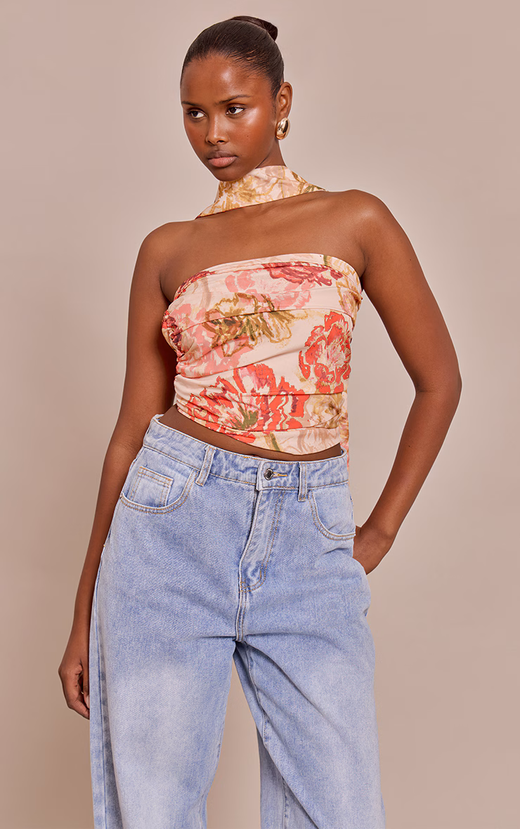 Multi Floral Print Chiffon Bandeau Scarf Detail Top