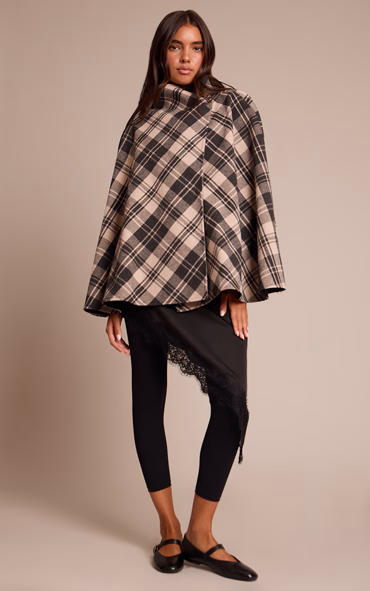 Mono Checked Funnel Neck Wrap Coat