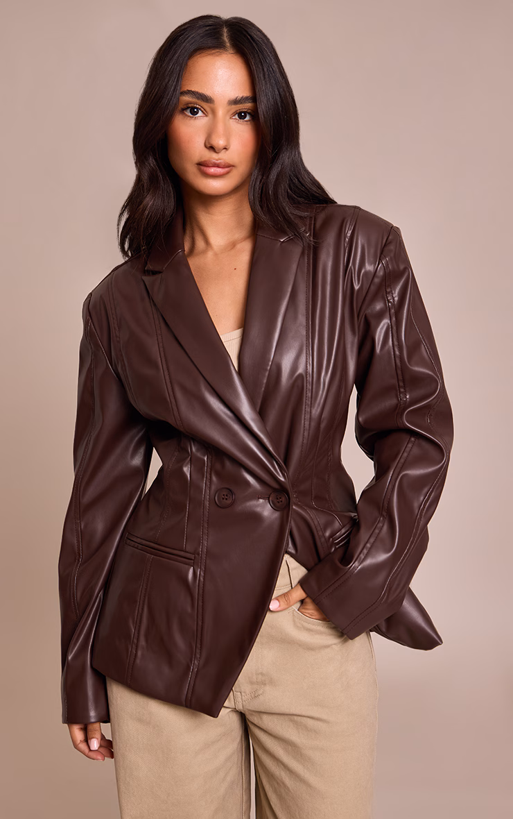 Petite Chocolate Panel Detail Faux Leather Blazer