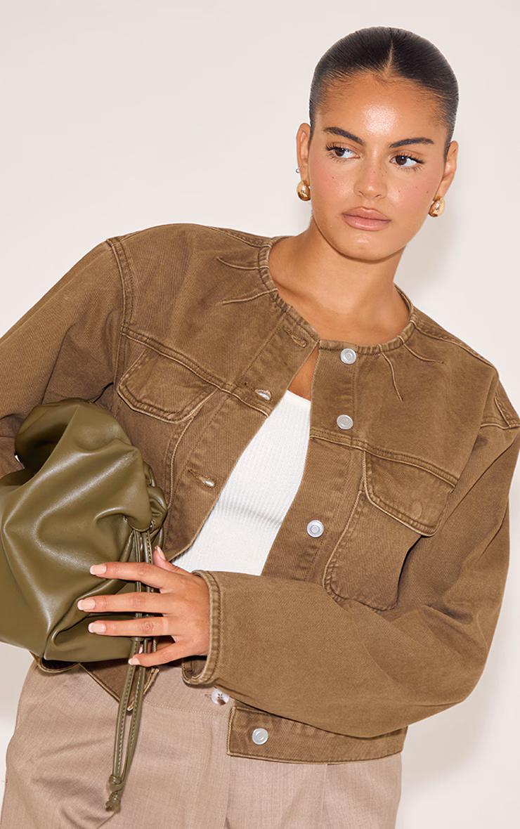 Plus Brown Collarless Detail Denim Jacket