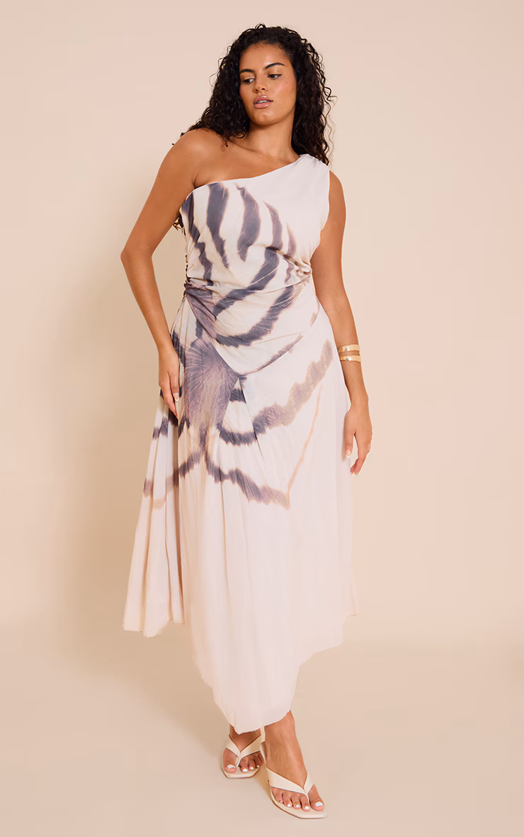 Plus Almond Printed Chiffon One Shoulder Maxi Dress