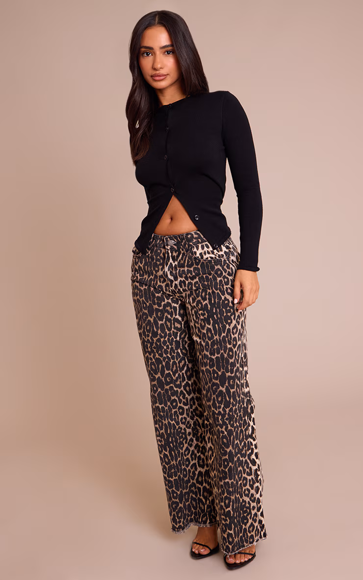 Petite Brown Leopard Print Denim Wide Leg Jeans