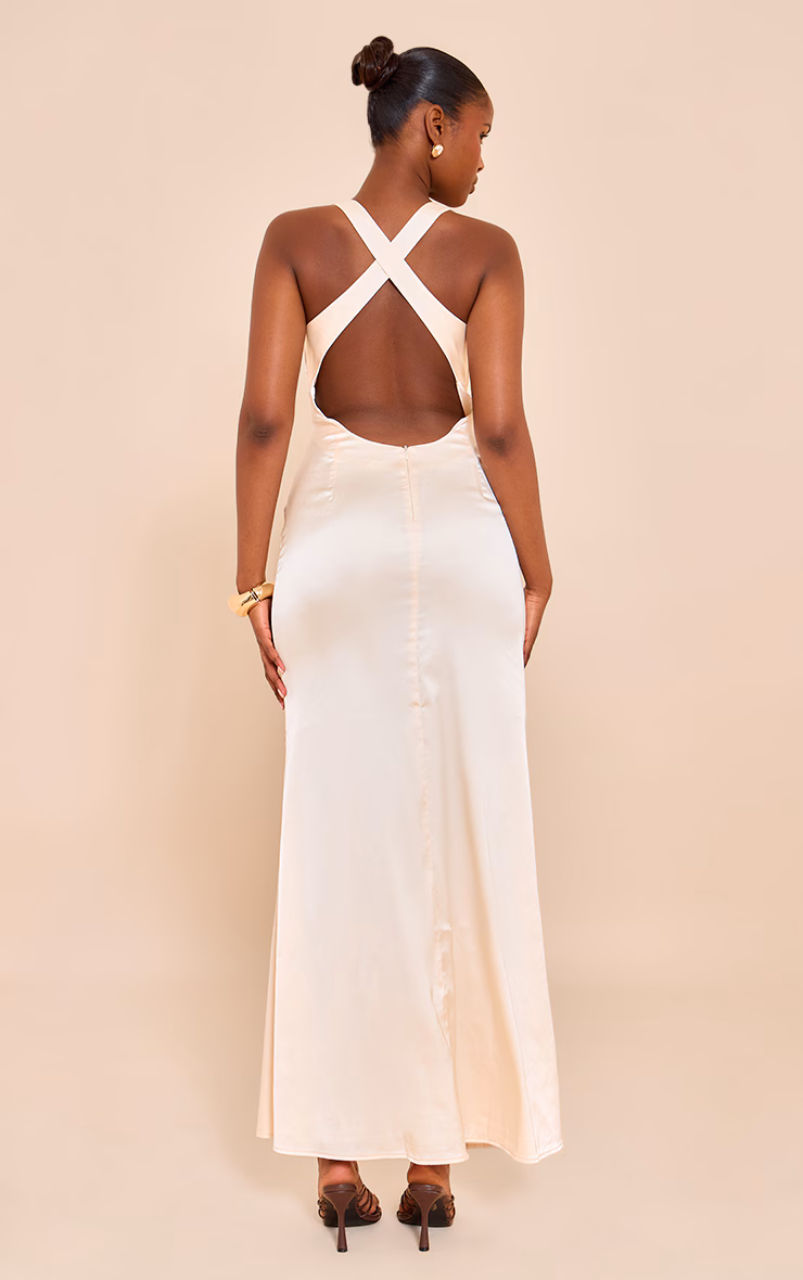 Natural Satin Cross Back Midaxi Dress