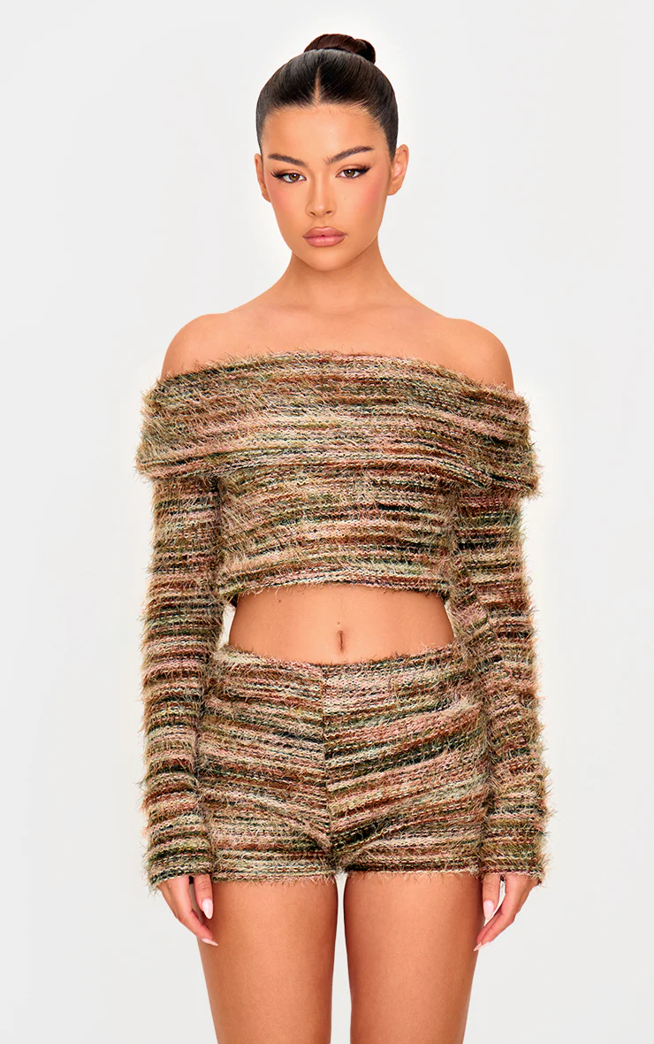 Multi Fluffy Textured Foldover Bardot Top