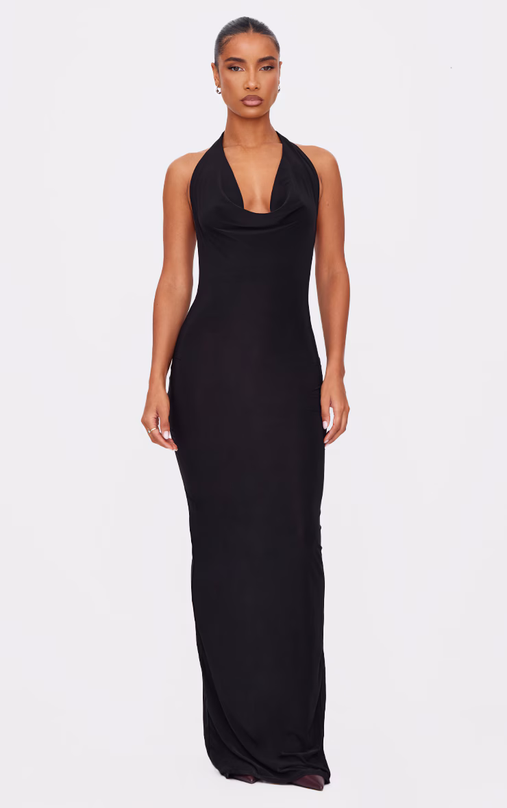 Black Soft Touch Cowl Neck Twist Back Detail Maxi Dress