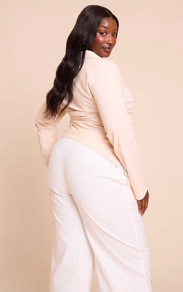 Plus Beige Linen Shoulder Padded Fitted Shirt