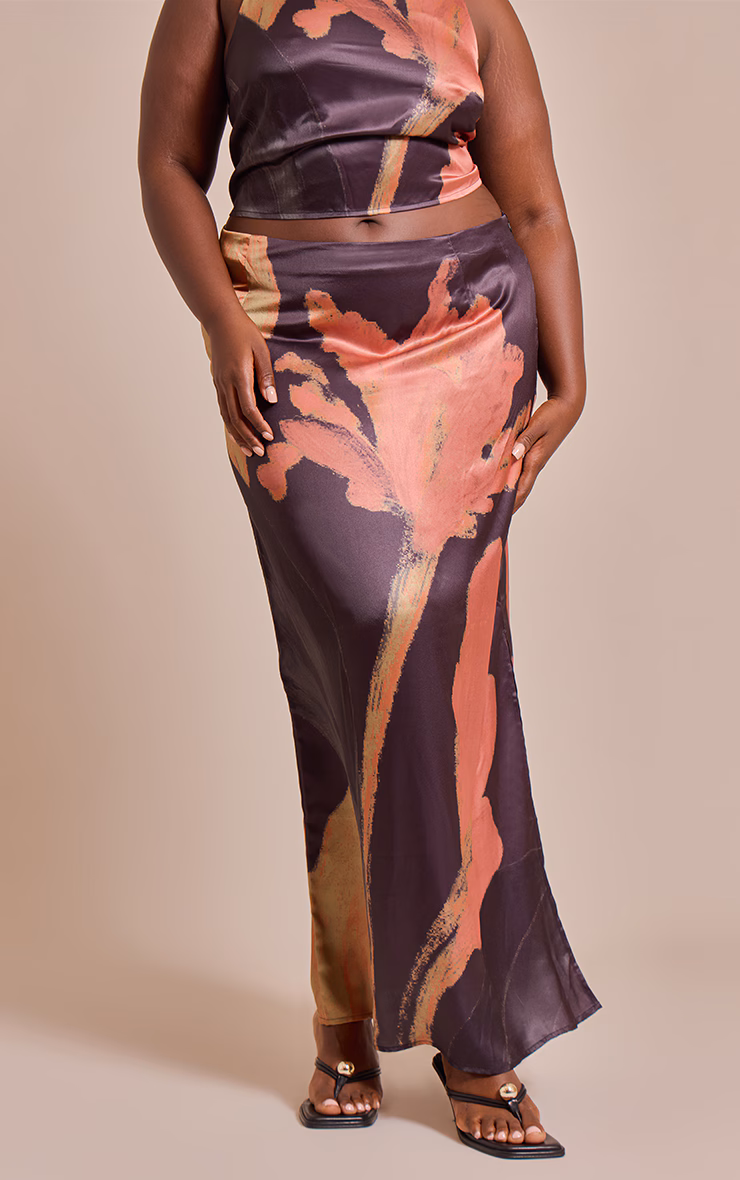 Plus Black Floral Printed Satin Maxi Skirt