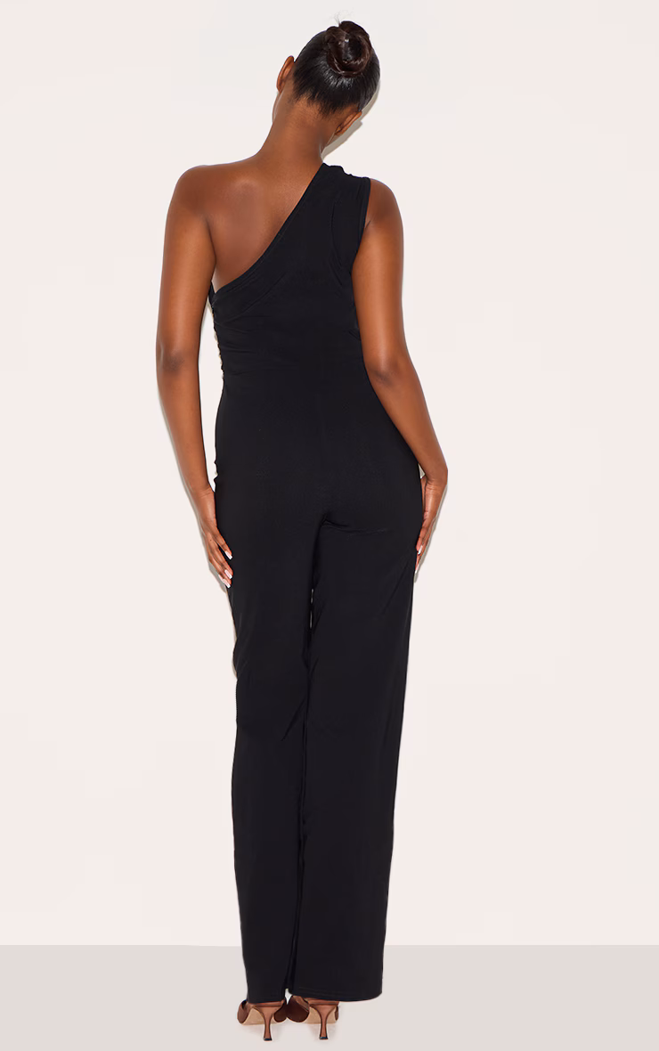 Black Stretch Woven One Shoulder Ruched Flared Jumpsuit