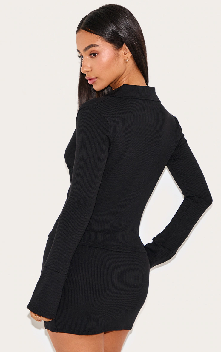 Petite Black Ribbed Long Sleeve Button Up Shirt