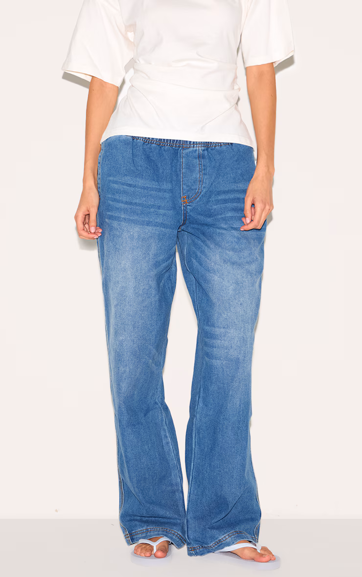 Mid Blue Elasticated Waistband Wide Leg Jeans
