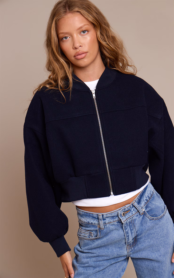 Navy Ruched Sleeve Cropped Bomber Jacket