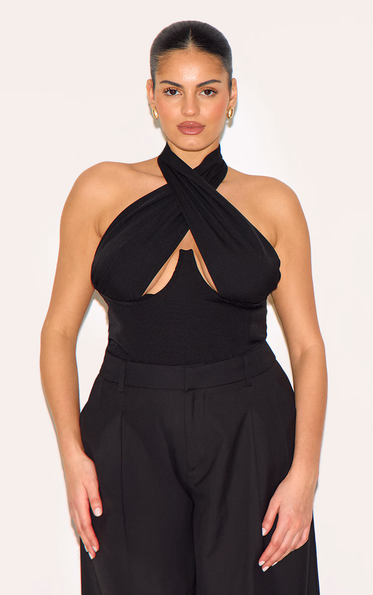 Plus Black Woven Cross Front Underwired Bodysuit