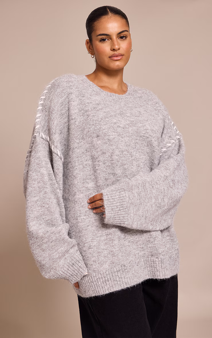 Plus Grey Blanket Stitch Knit Sweater