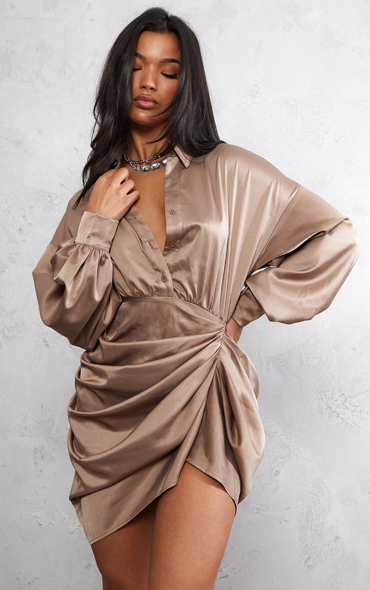 Taupe Satin Drape Skirt Oversized Sleeve Shirt Dress