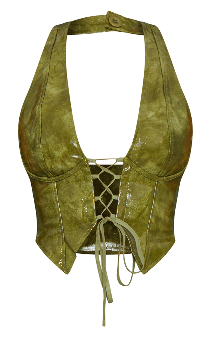 Olive Washed Faux Leather Lace Up Plunge Halterneck Top