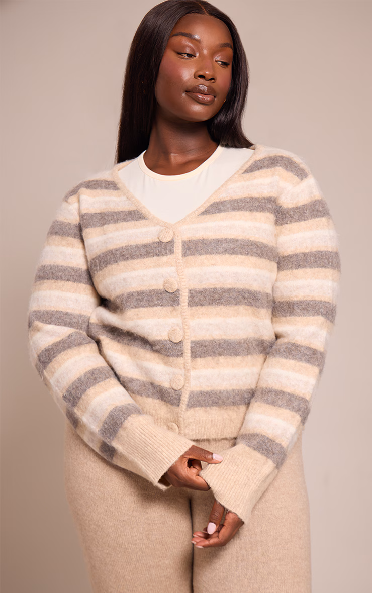 Plus Beige Striped Brushed V Neck Covered Button Knitted Cardigan