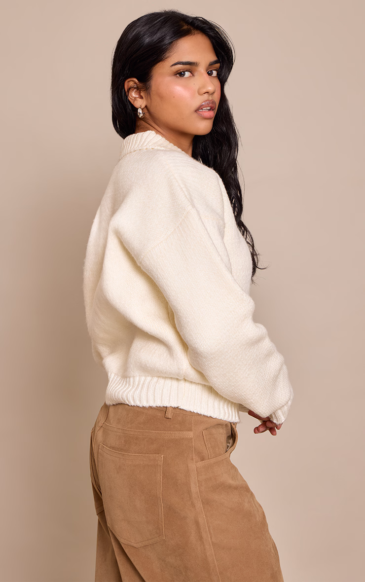 Petite Cream Knitted Zip Up Bomber Jacket