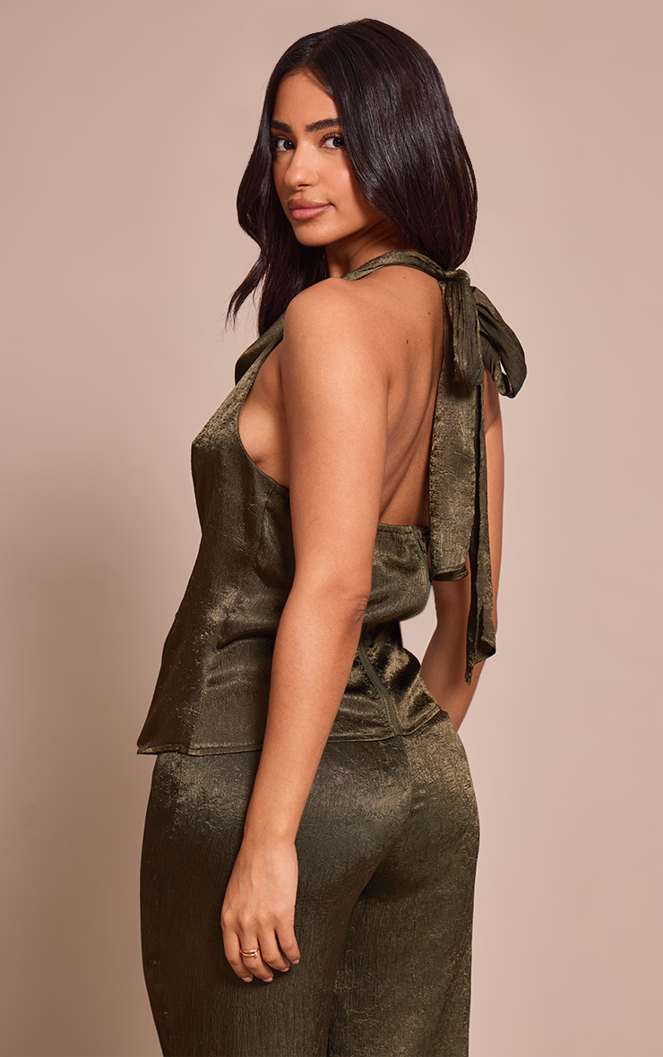 Petite Khaki Textured Halterneck Tie Long Top