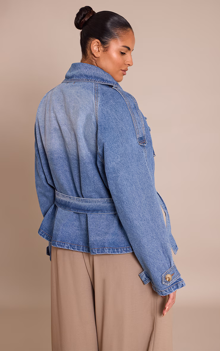 Plus Vintage Mid Wash Belted Button Detail Cropped Denim Trench