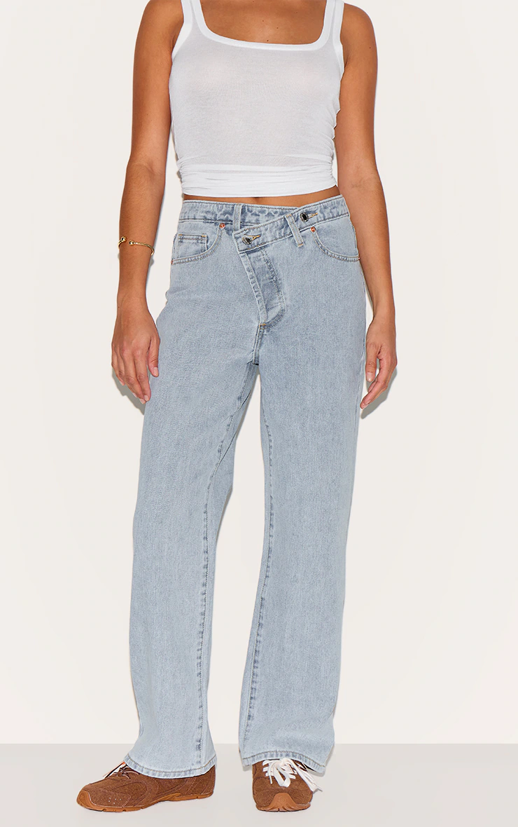 Petite Light Blue Denim Asymmetric Waistband Straight Leg Jeans