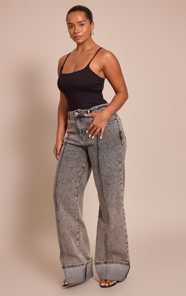 Shape Ash Grey Highwaisted Stretch Denim Pintuck Turn Up Hem Wide Leg Jeans