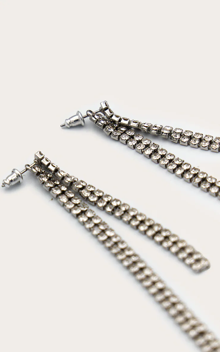 Silver Thin Diamante Statement Earrings