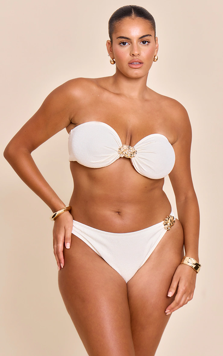 Plus Cream Textured Flower Trim Bandeau Bikini Top